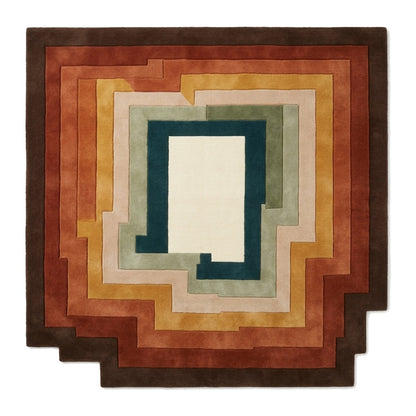 Retro Stepped Rug in hand-tufted wool with concentric stepped bands of brown, rust, terracotta, mustard, ivory, sage and teal around an ivory centre, with a stepped edge - view 2