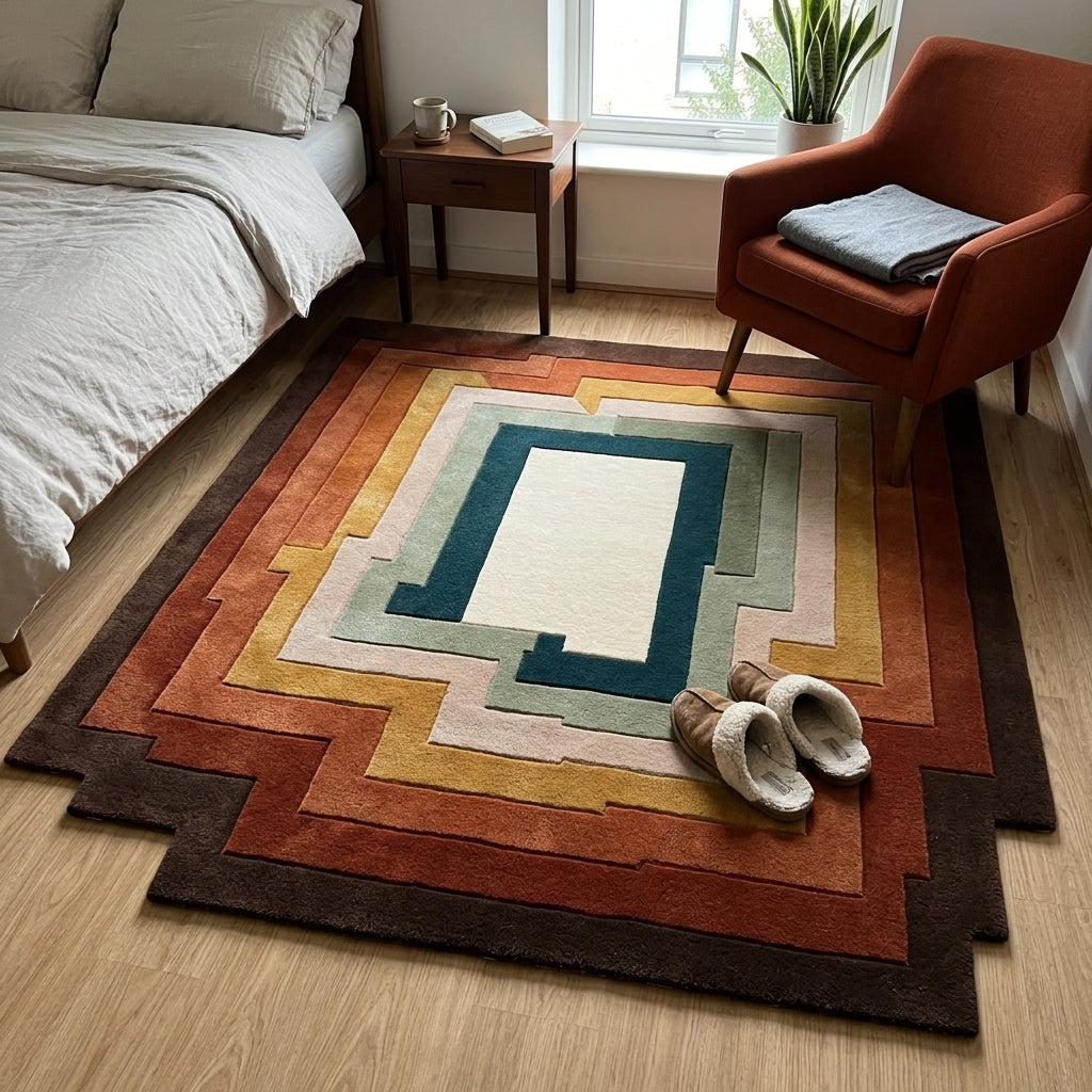 Retro Stepped Rug in hand-tufted wool with concentric stepped bands of brown, rust, terracotta, mustard, ivory, sage and teal around an ivory centre, with a stepped edge - view 3
