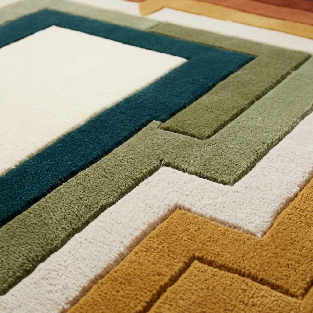 Retro Stepped Rug in hand-tufted wool with concentric stepped bands of brown, rust, terracotta, mustard, ivory, sage and teal around an ivory centre, with a stepped edge - view 4