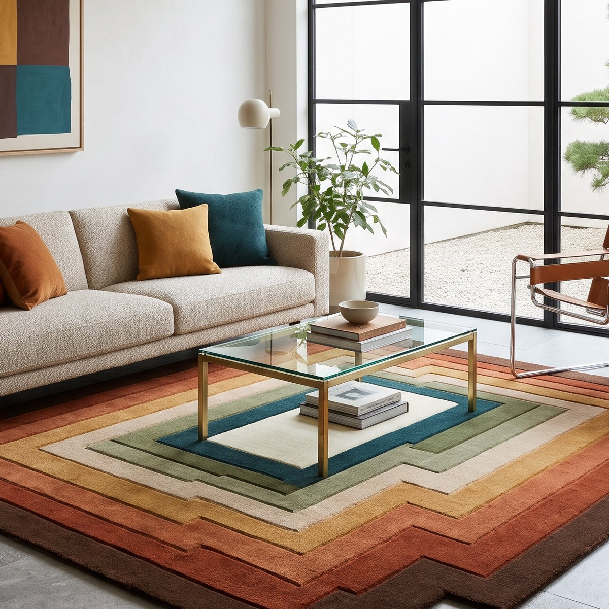 Retro Stepped Rug in hand-tufted wool with concentric stepped bands of brown, rust, terracotta, mustard, ivory, sage and teal around an ivory centre, with a stepped edge - view 5