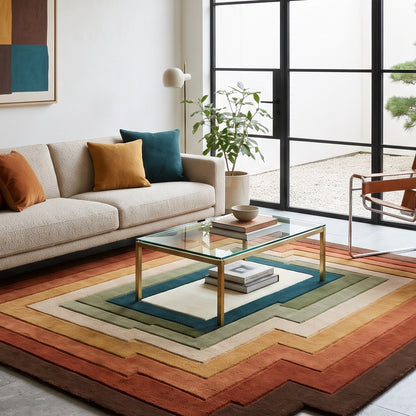 Retro Stepped Rug in hand-tufted wool with concentric stepped bands of brown, rust, terracotta, mustard, ivory, sage and teal around an ivory centre, with a stepped edge - view 5
