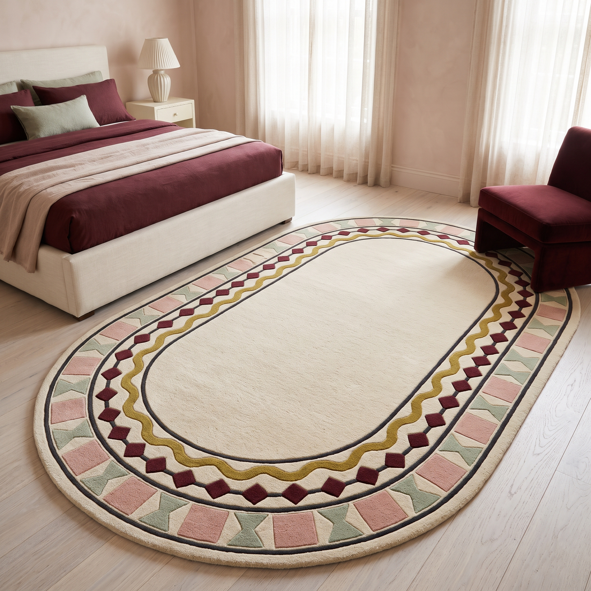 Ivory Oval Rug in hand-tufted wool with a plain ivory centre and a geometric border of burgundy diamonds, a mustard wavy line, blush squares and sage bowtie shapes