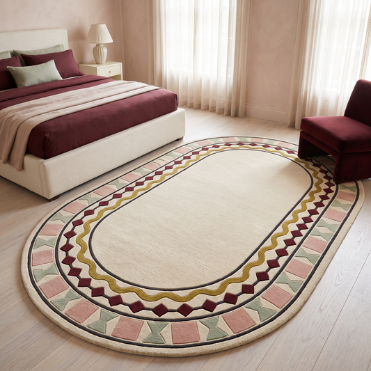 Ivory Oval Rug in hand-tufted wool with a plain ivory centre and a geometric border of burgundy diamonds, a mustard wavy line, blush squares and sage bowtie shapes