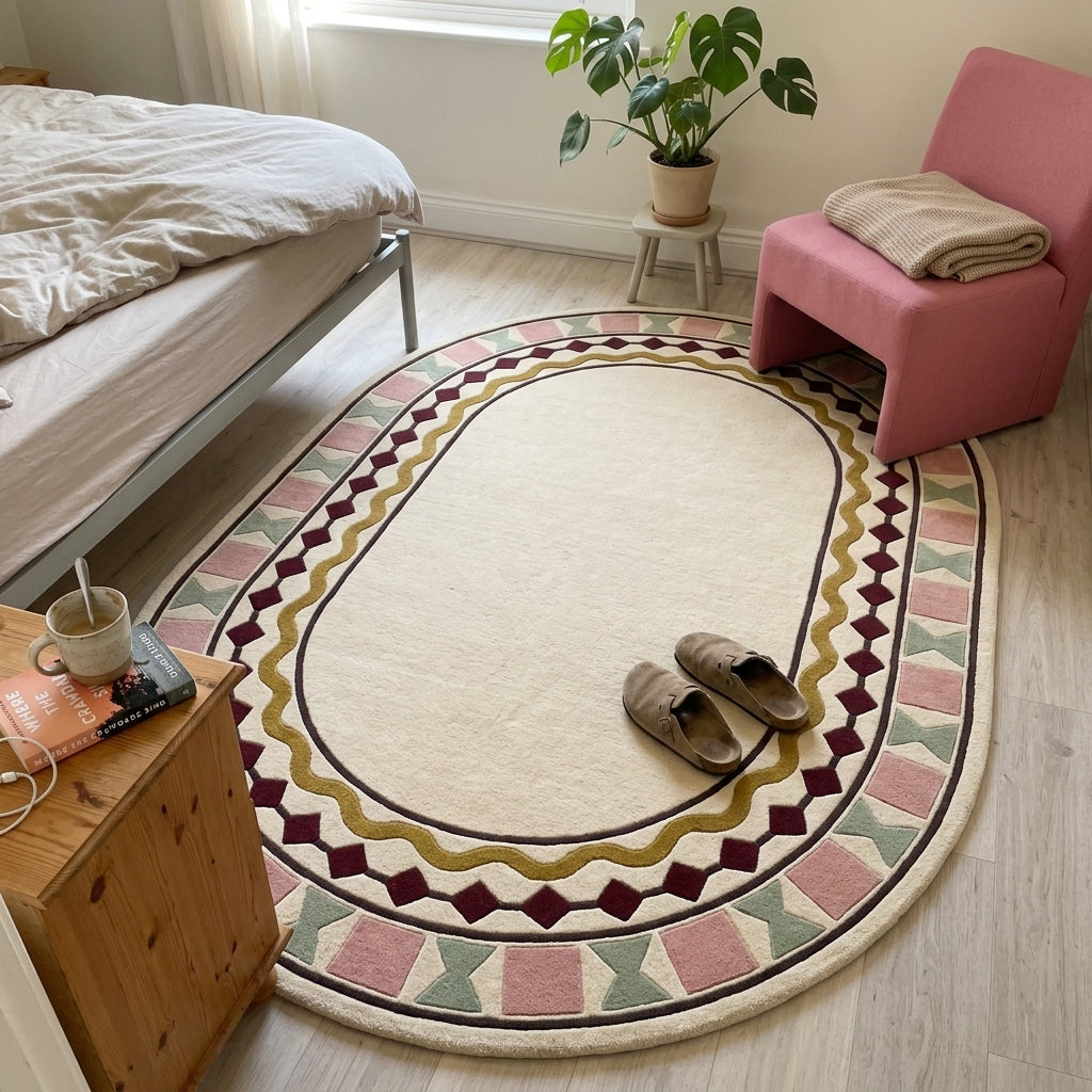Ivory Oval Rug in hand-tufted wool with a plain ivory centre and a geometric border of burgundy diamonds, a mustard wavy line, blush squares and sage bowtie shapes - view 3