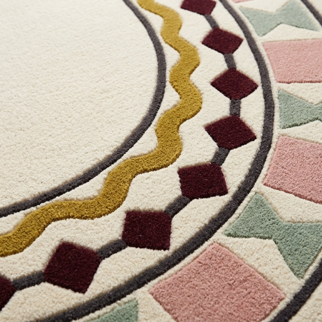 Ivory Oval Rug in hand-tufted wool with a plain ivory centre and a geometric border of burgundy diamonds, a mustard wavy line, blush squares and sage bowtie shapes - view 4