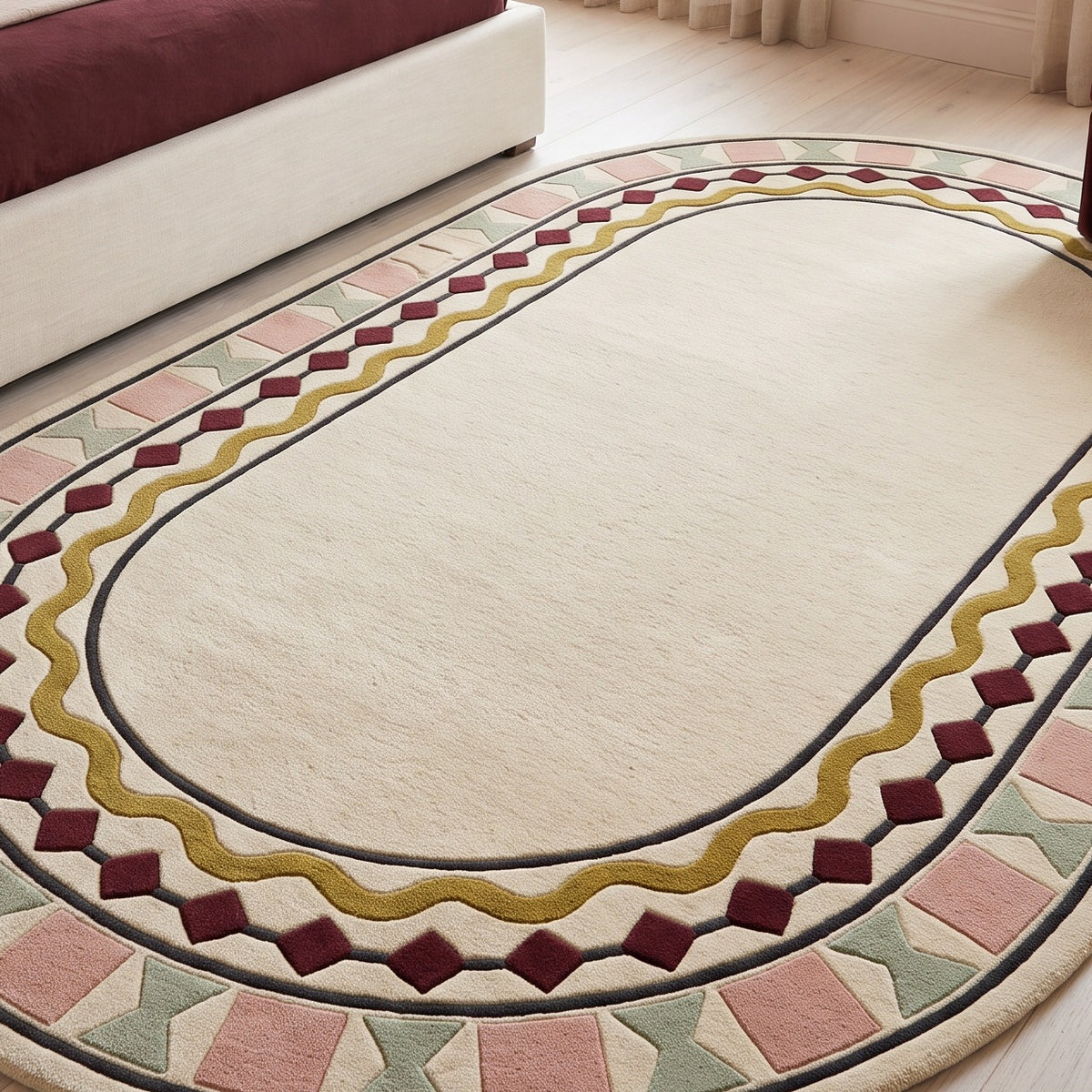 Ivory Oval Rug in hand-tufted wool with a plain ivory centre and a geometric border of burgundy diamonds, a mustard wavy line, blush squares and sage bowtie shapes - view 5