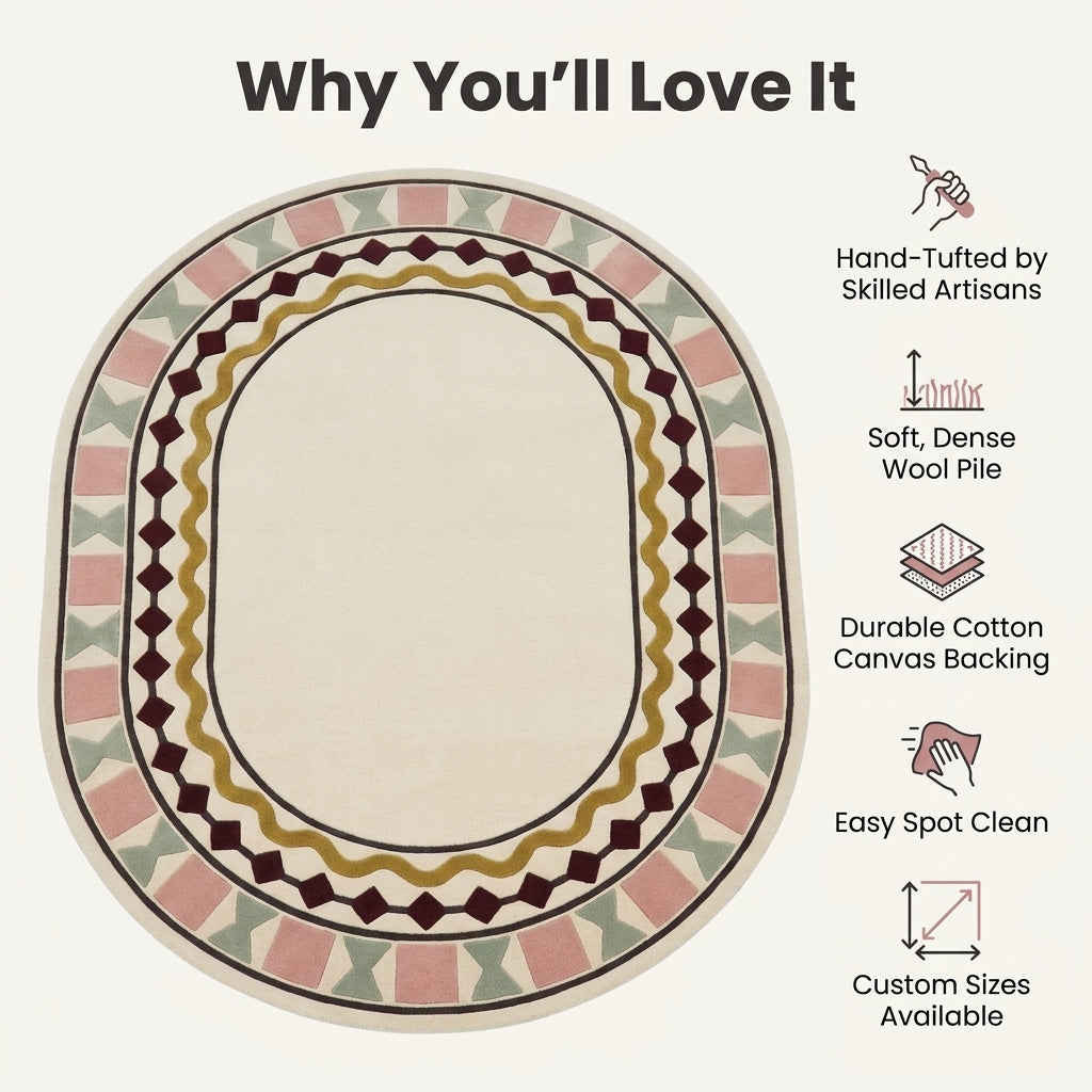 Ivory Oval Rug in hand-tufted wool with a plain ivory centre and a geometric border of burgundy diamonds, a mustard wavy line, blush squares and sage bowtie shapes - view 6