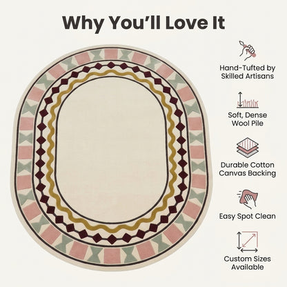 Ivory Oval Rug in hand-tufted wool with a plain ivory centre and a geometric border of burgundy diamonds, a mustard wavy line, blush squares and sage bowtie shapes - view 6