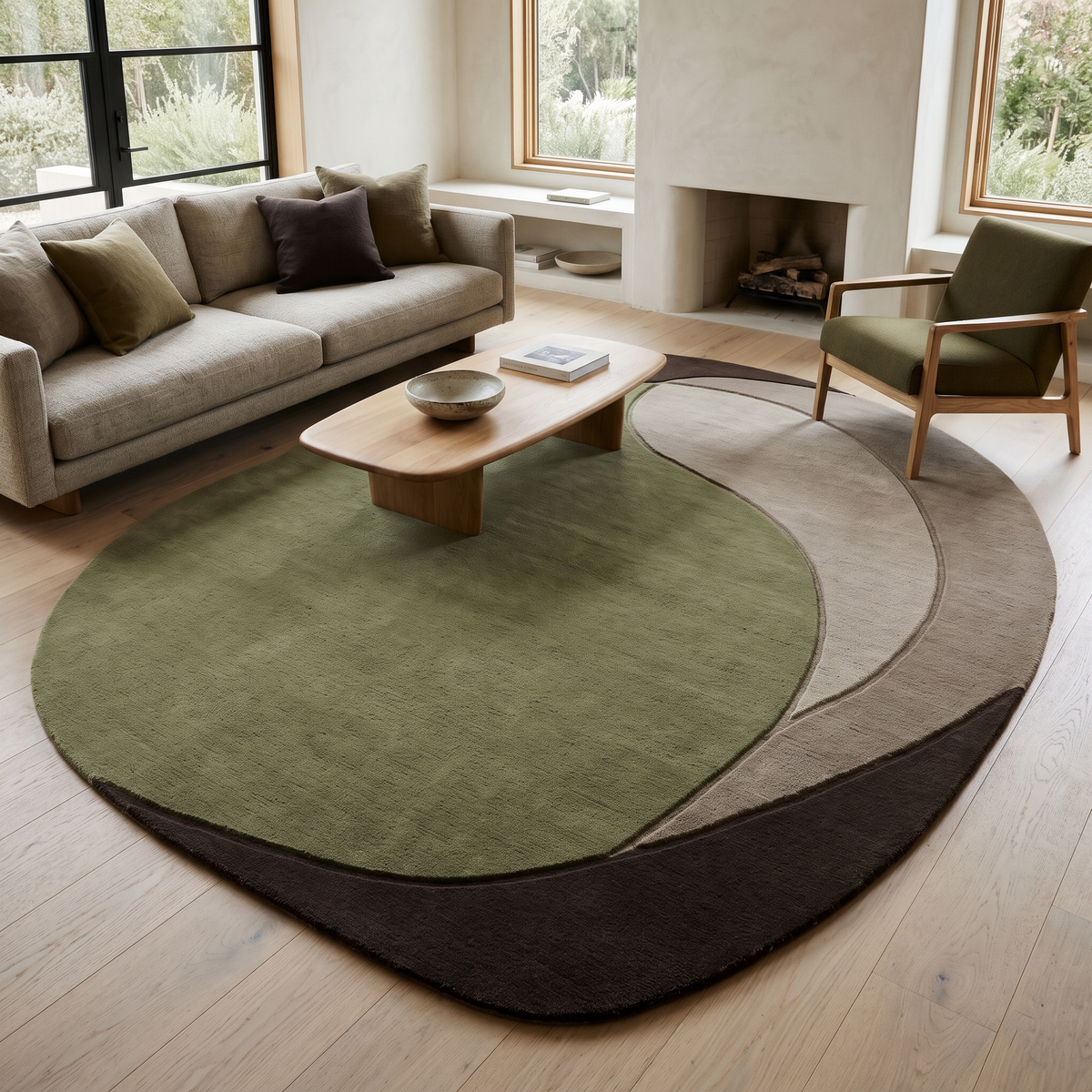 Olive Green Abstract Rug in hand-tufted wool with a large olive green shape, sweeping taupe and mushroom crescents and a dark brown base, in an organic oval shape