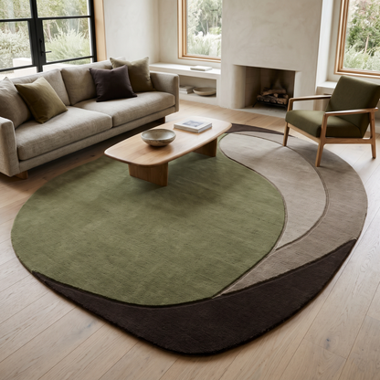 Olive Green Abstract Rug in hand-tufted wool with a large olive green shape, sweeping taupe and mushroom crescents and a dark brown base, in an organic oval shape