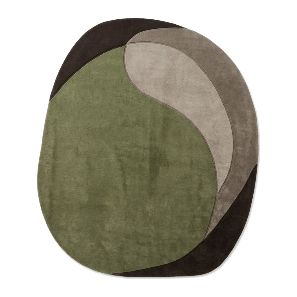 Olive Green Abstract Rug in hand-tufted wool with a large olive green shape, sweeping taupe and mushroom crescents and a dark brown base, in an organic oval shape - view 2