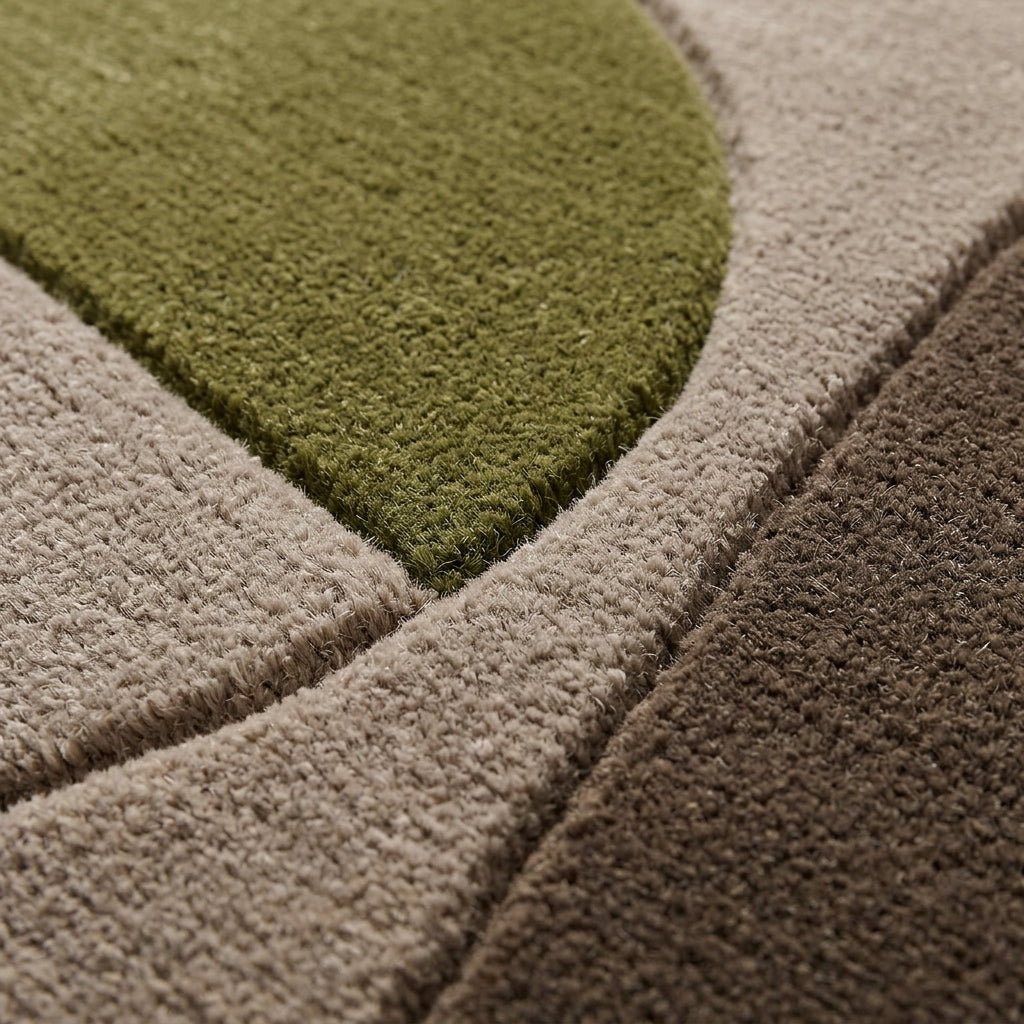 Olive Green Abstract Rug in hand-tufted wool with a large olive green shape, sweeping taupe and mushroom crescents and a dark brown base, in an organic oval shape - view 4
