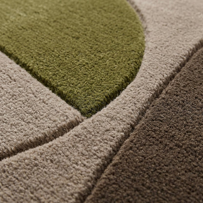 Olive Green Abstract Rug in hand-tufted wool with a large olive green shape, sweeping taupe and mushroom crescents and a dark brown base, in an organic oval shape - view 4