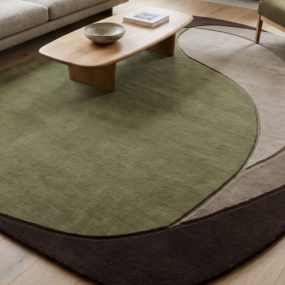 Olive Green Abstract Rug in hand-tufted wool with a large olive green shape, sweeping taupe and mushroom crescents and a dark brown base, in an organic oval shape - view 5