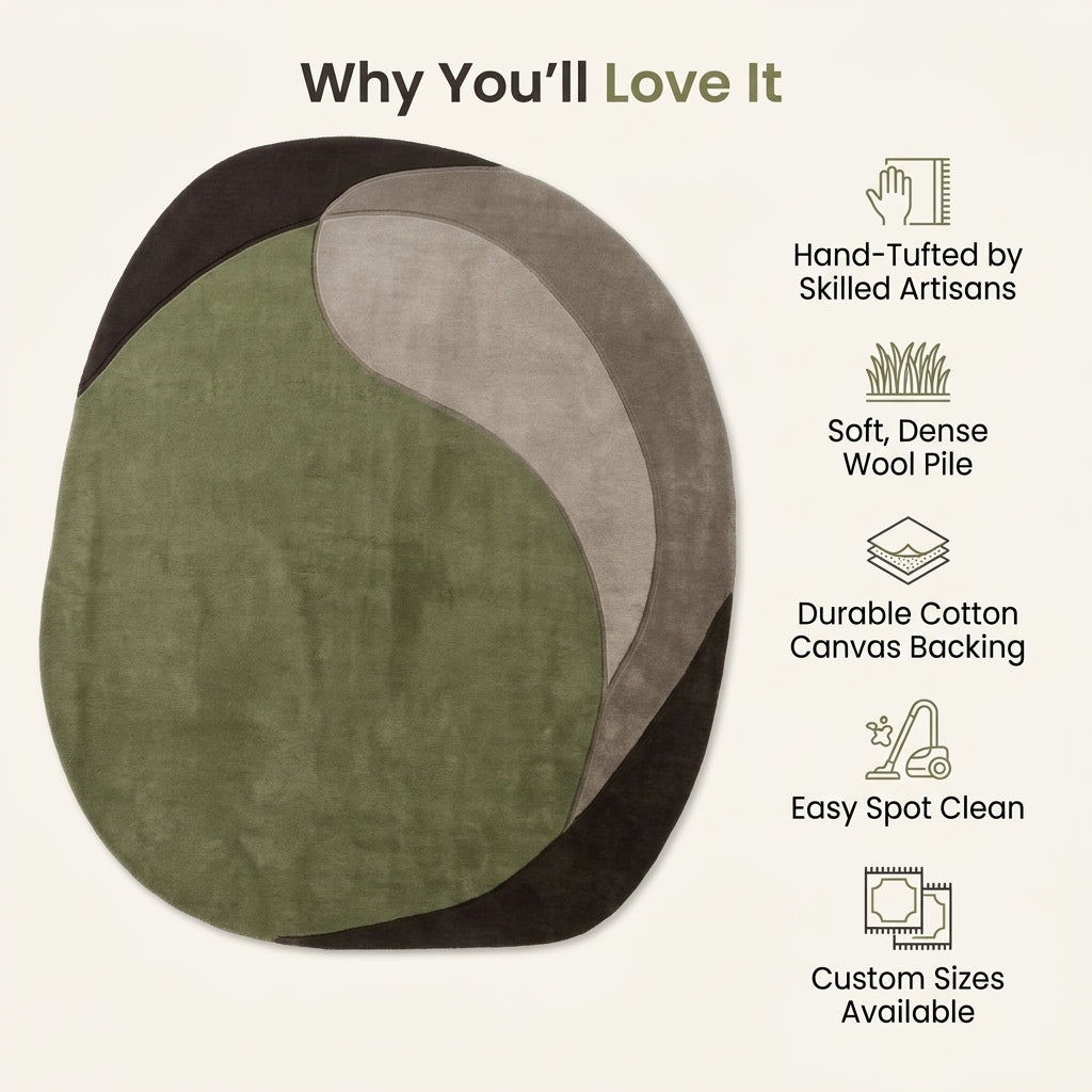Olive Green Abstract Rug in hand-tufted wool with a large olive green shape, sweeping taupe and mushroom crescents and a dark brown base, in an organic oval shape - view 6