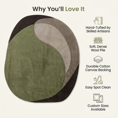 Olive Green Abstract Rug in hand-tufted wool with a large olive green shape, sweeping taupe and mushroom crescents and a dark brown base, in an organic oval shape - view 6