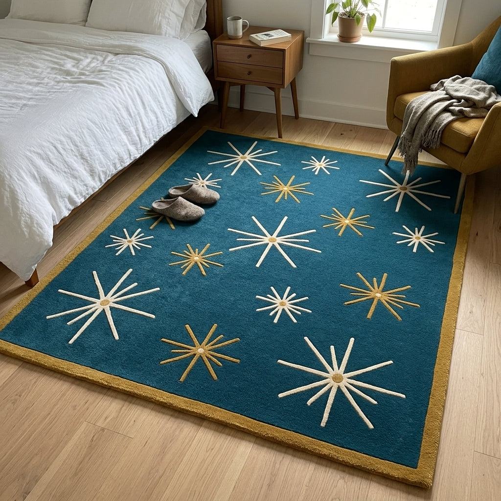 Atomic Starburst Rug in deep teal with ivory and mustard raised starbursts and a mustard border