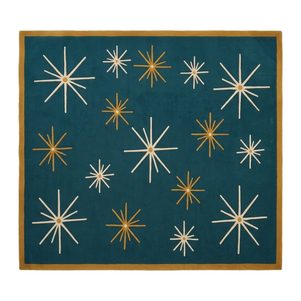 Atomic Starburst Rug in deep teal with ivory and mustard radiating starbursts and a mustard border