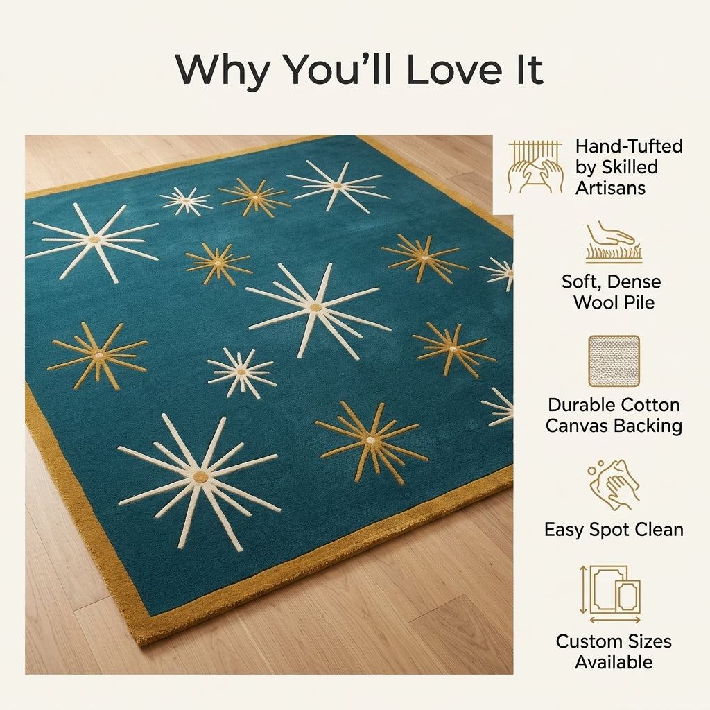 Atomic Starburst Rug in deep teal with ivory and mustard starbursts, a mustard border and sculpted wool pile