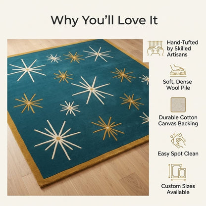 Atomic Starburst Rug in deep teal with ivory and mustard starbursts, a mustard border and sculpted wool pile