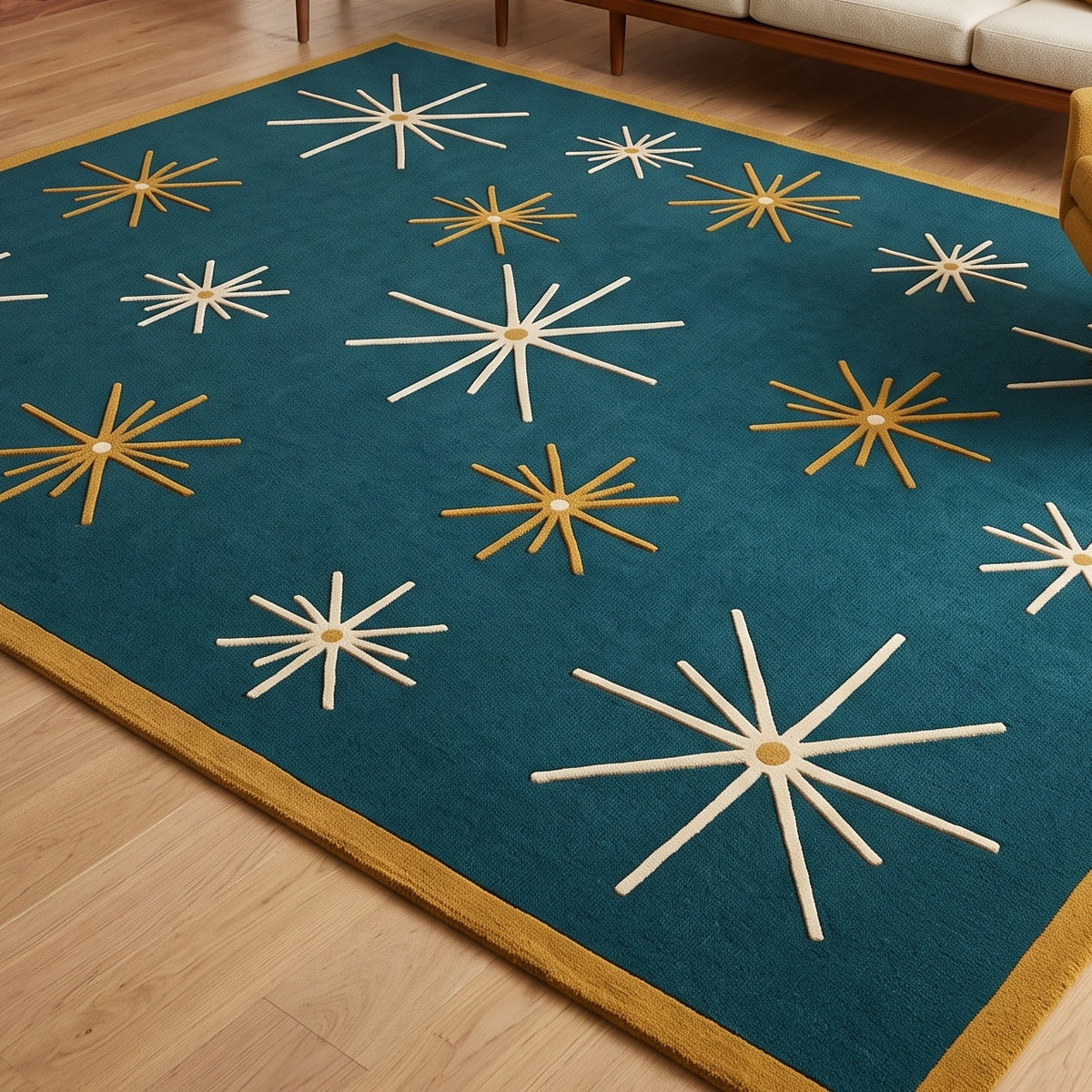 Atomic Starburst Rug in deep teal wool with ivory and mustard starbursts and a warm mustard border