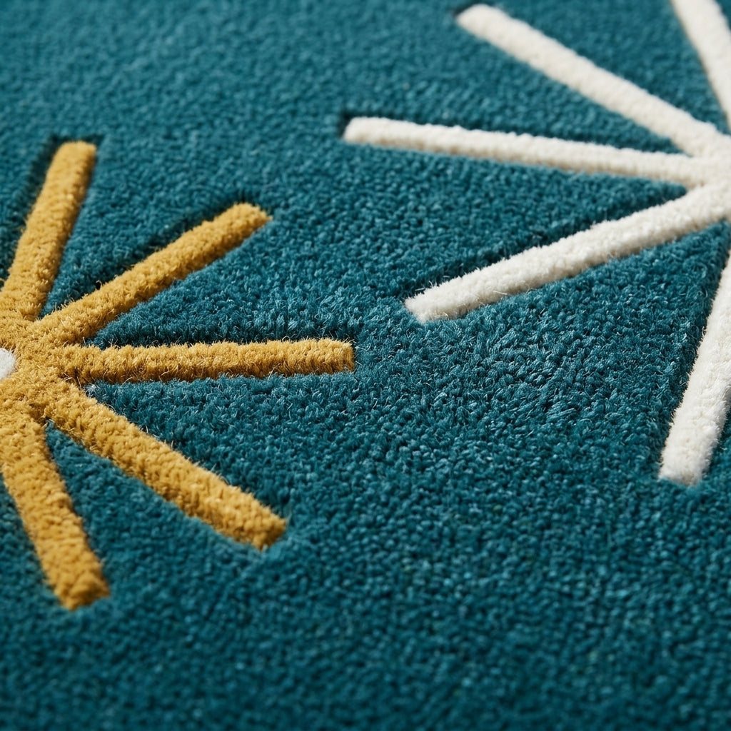 Atomic Starburst Rug in plush deep teal wool with raised ivory and mustard starburst motifs and a carved texture