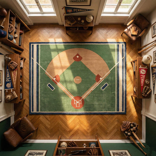 Vintage baseball field area rug with green sports theme for game room or man cave