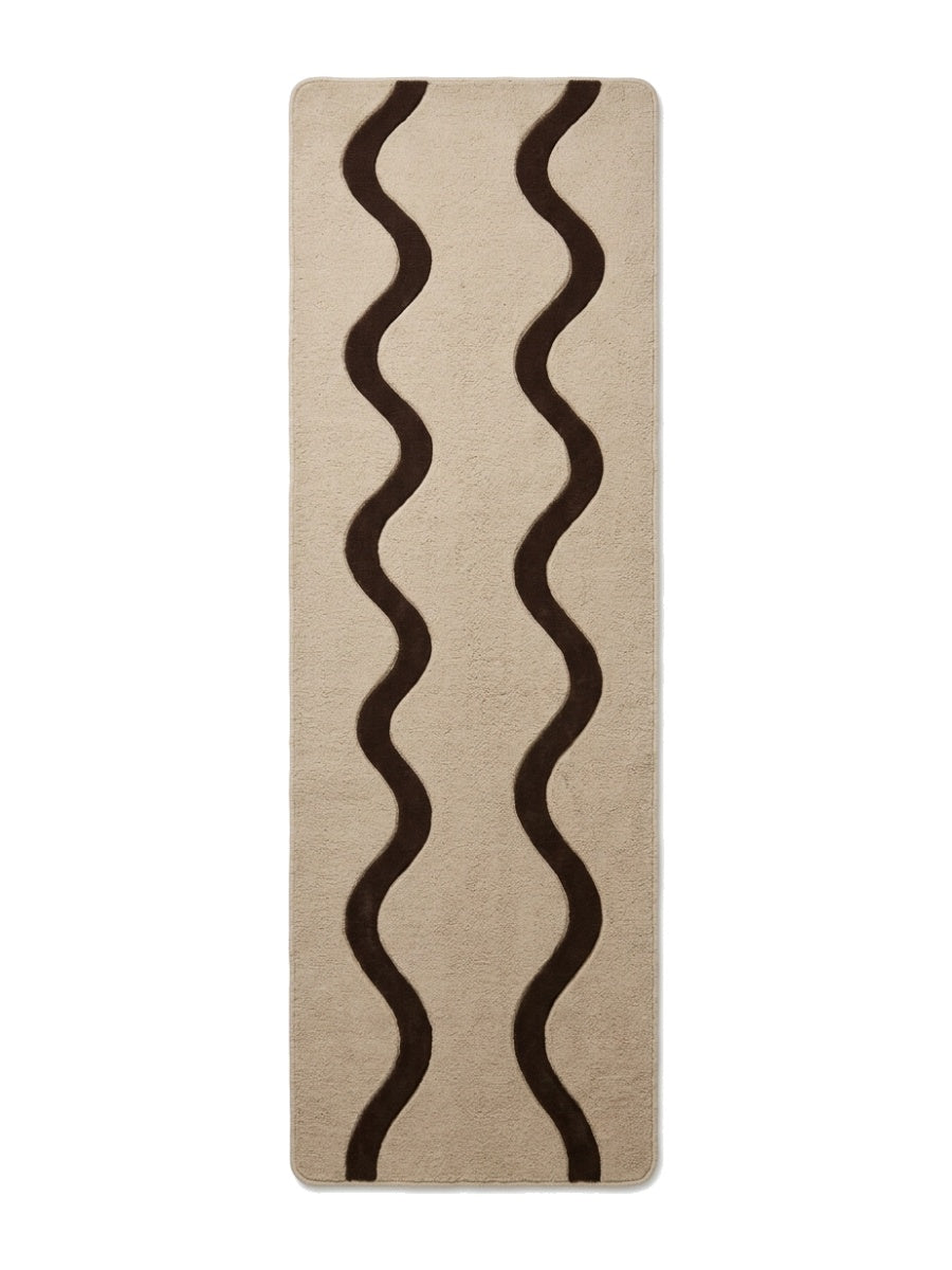 Beige Squiggle Runner Rug in textured beige wool with two bold chocolate-brown wavy lines and rounded corners