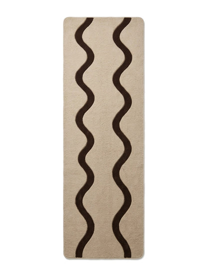 Beige Squiggle Runner Rug in textured beige wool with two bold chocolate-brown wavy lines and rounded corners