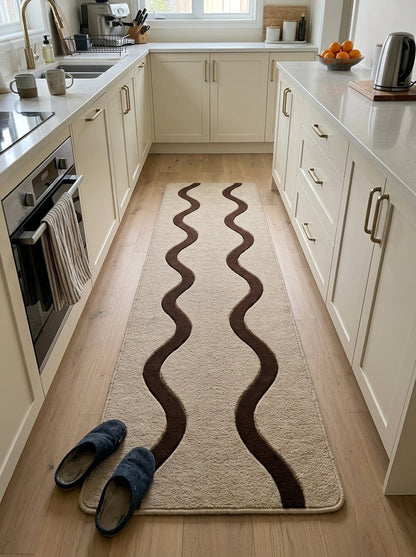 Beige Squiggle Runner Rug with a textured wool field, two dark brown wavy lines, and rounded bound edges