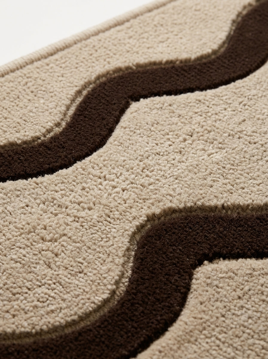 Beige Squiggle Runner Rug in textured wool with two raised chocolate brown wavy lines and carved outlines