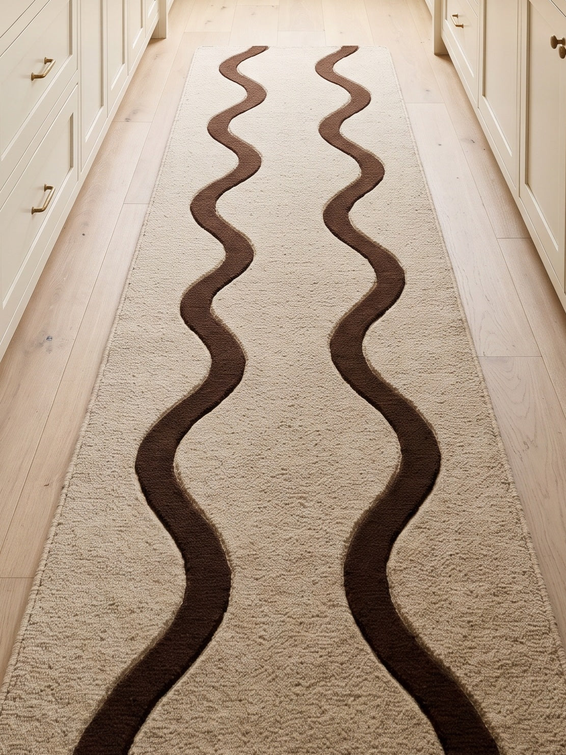 Beige Squiggle Runner Rug with a textured beige wool field and two bold chocolate brown wavy lines