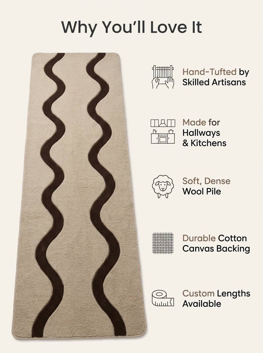 Beige Squiggle Runner Rug in textured wool with two bold dark brown wavy lines and rounded corners