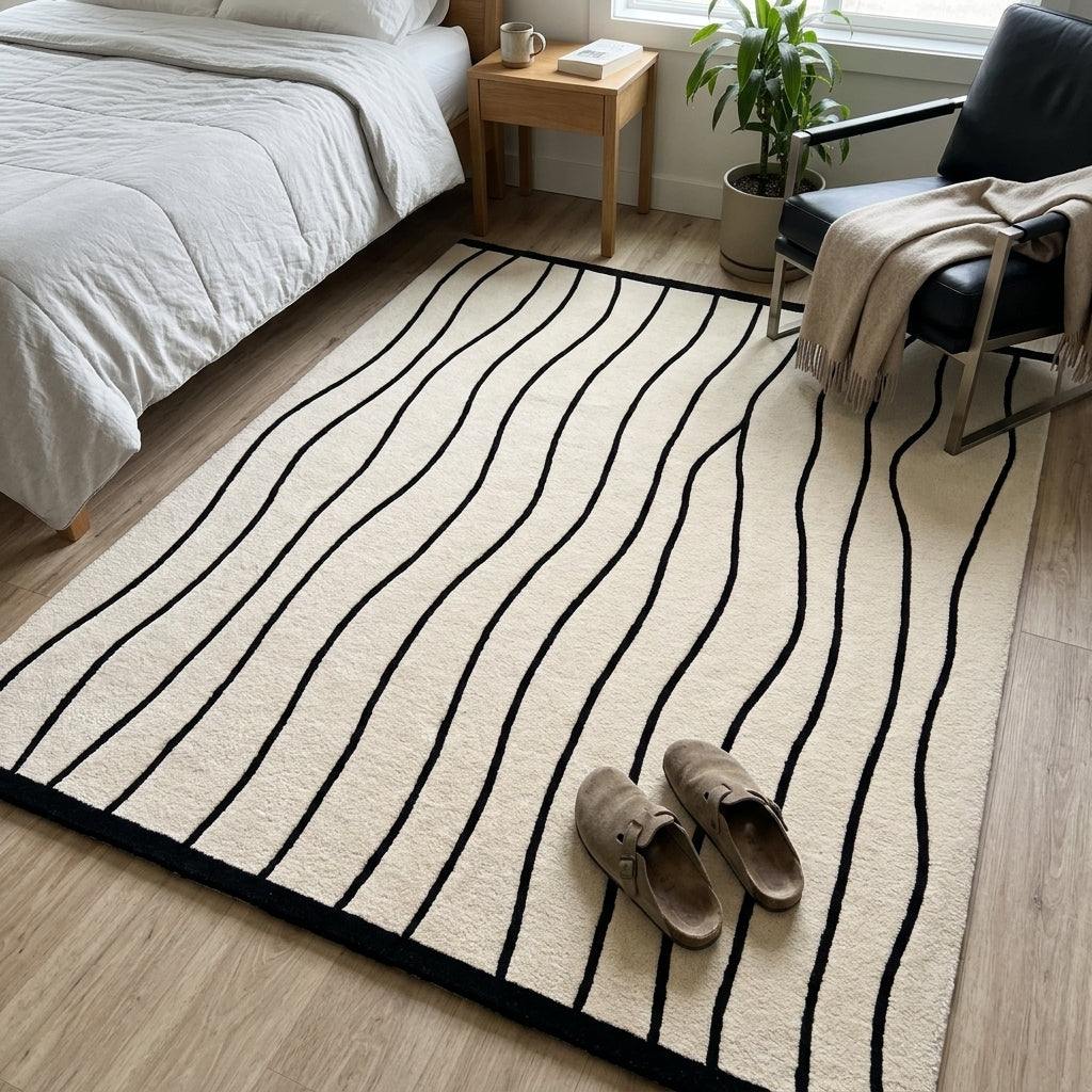 Black and White Wavy Line Rug with flowing black stripes on an ivory ground and a crisp black border