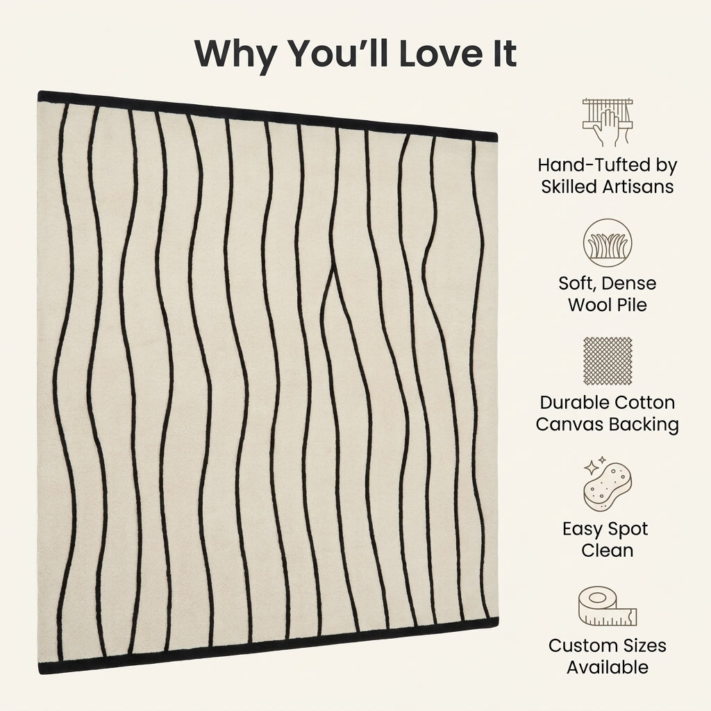 Black and White Wavy Line Rug with slender black flowing stripes on an ivory ground and crisp black edging