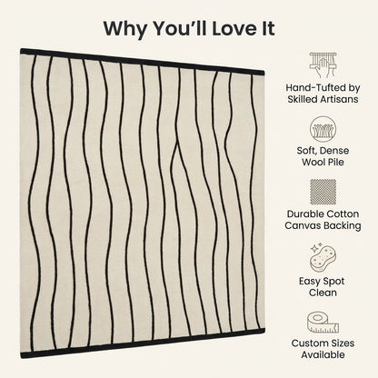 Black and White Wavy Line Rug with slender black flowing stripes on an ivory ground and crisp black edging