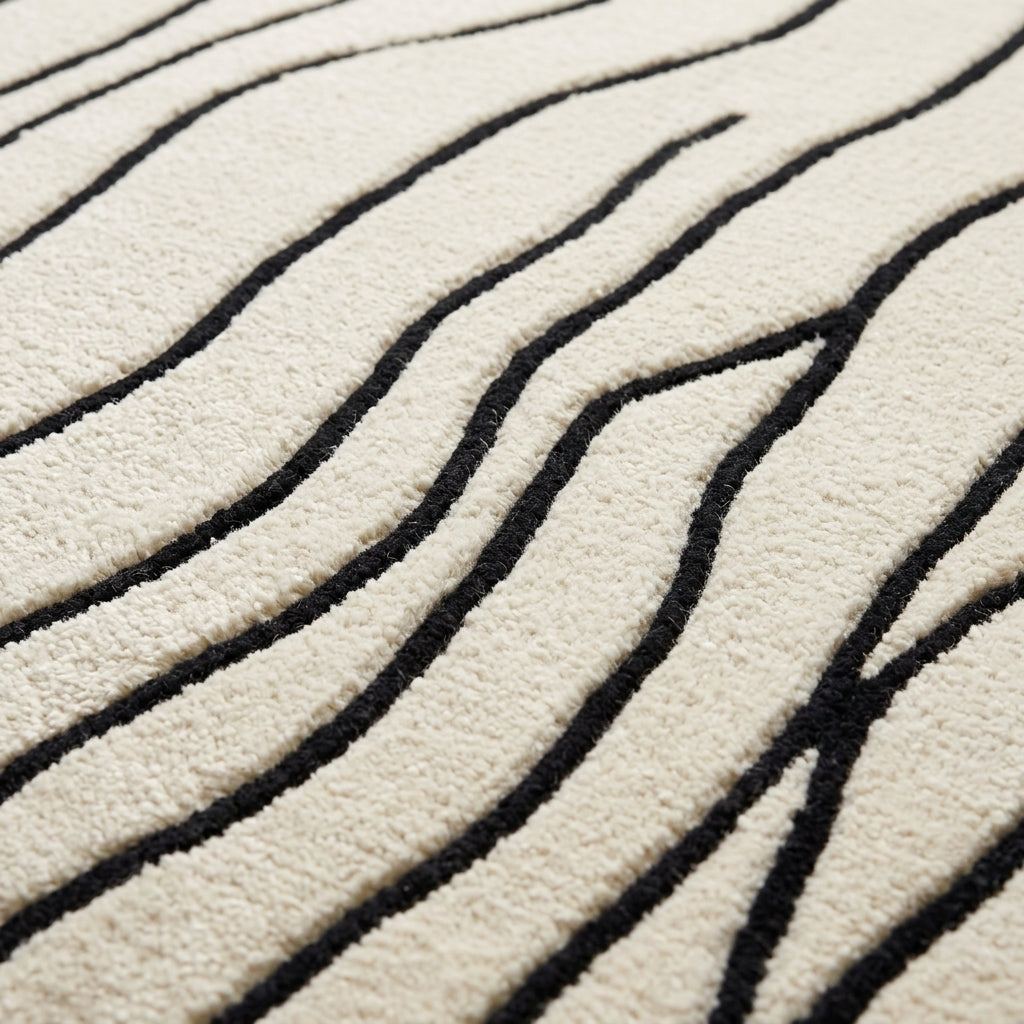 Black and White Wavy Line Rug with raised black flowing lines on a plush ivory wool surface