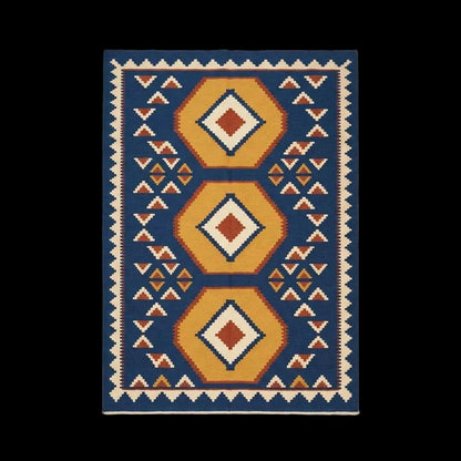 Handwoven blue kilim rug with golden geometric medallions and ivory border flatweave Persian design
