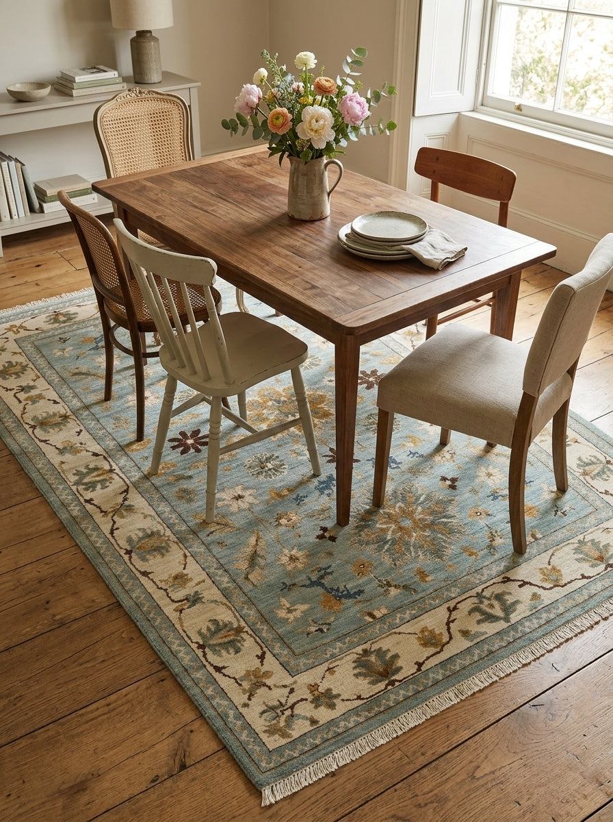 Blue Oushak Hand Knotted Wool Rug in muted blue and ivory, with a floral palmette pattern and fringed edges.