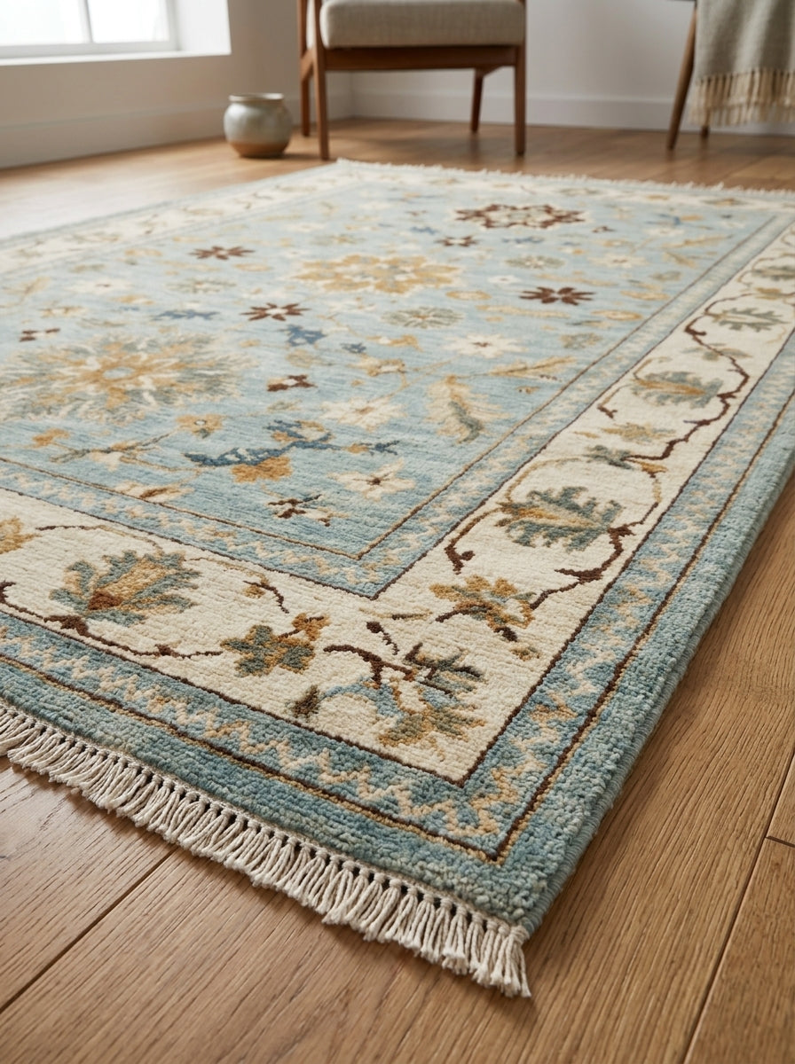 Blue Oushak Hand Knotted Wool Rug in muted blue and ivory, with gold-brown floral palmettes, a wide border and fringe.