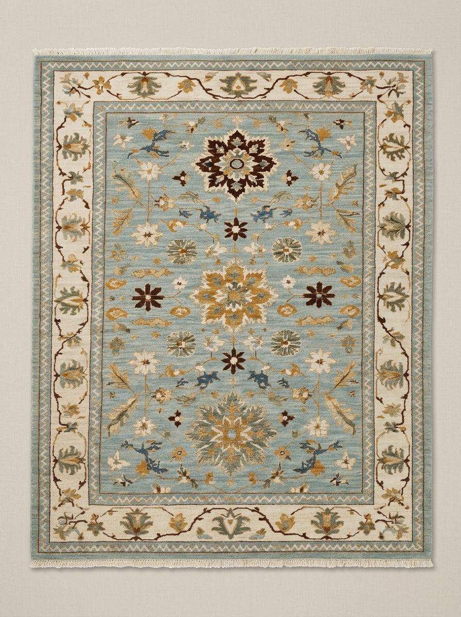 Blue Oushak Hand Knotted Wool Rug in muted blue with an ivory floral border, gold and brown palmette motifs and fringe.
