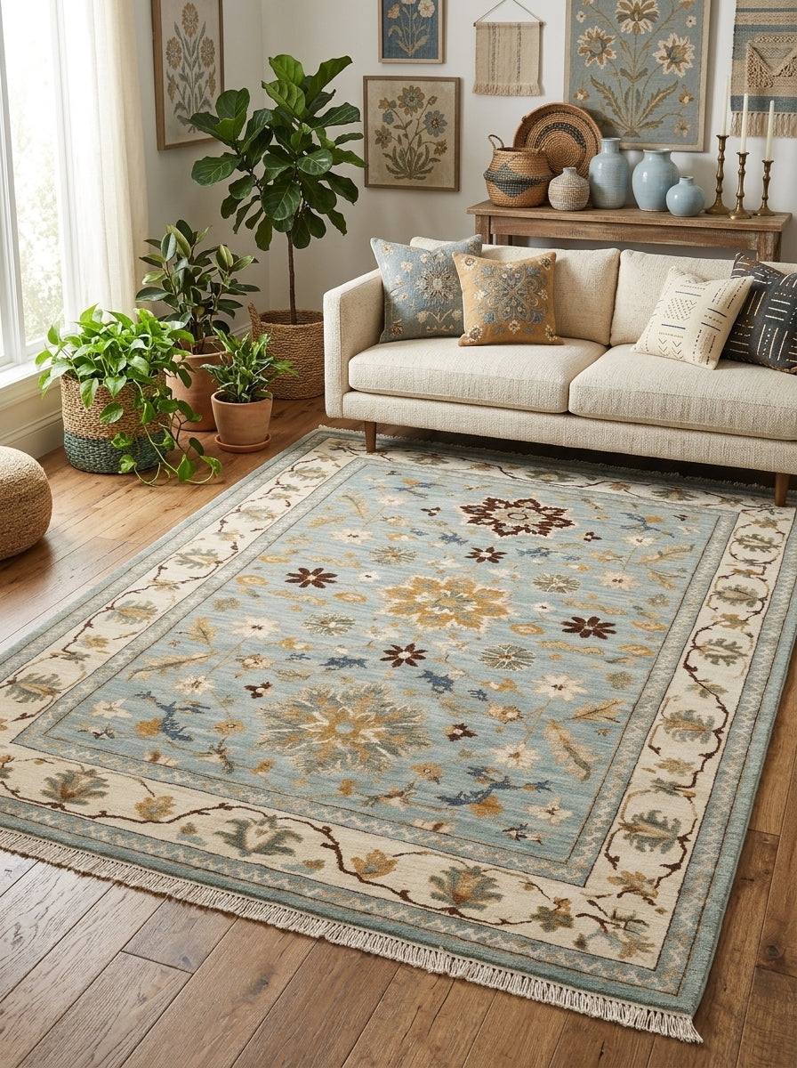 Blue Oushak Hand Knotted Wool Rug in muted blue wool, with ivory floral palmettes, gold accents and a wide ivory border.