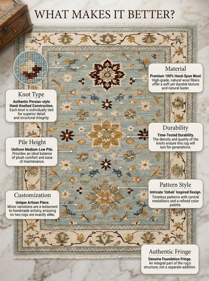 Blue Oushak Hand Knotted Wool Rug in muted blue and ivory, with floral palmette motifs, a wide border and fringe