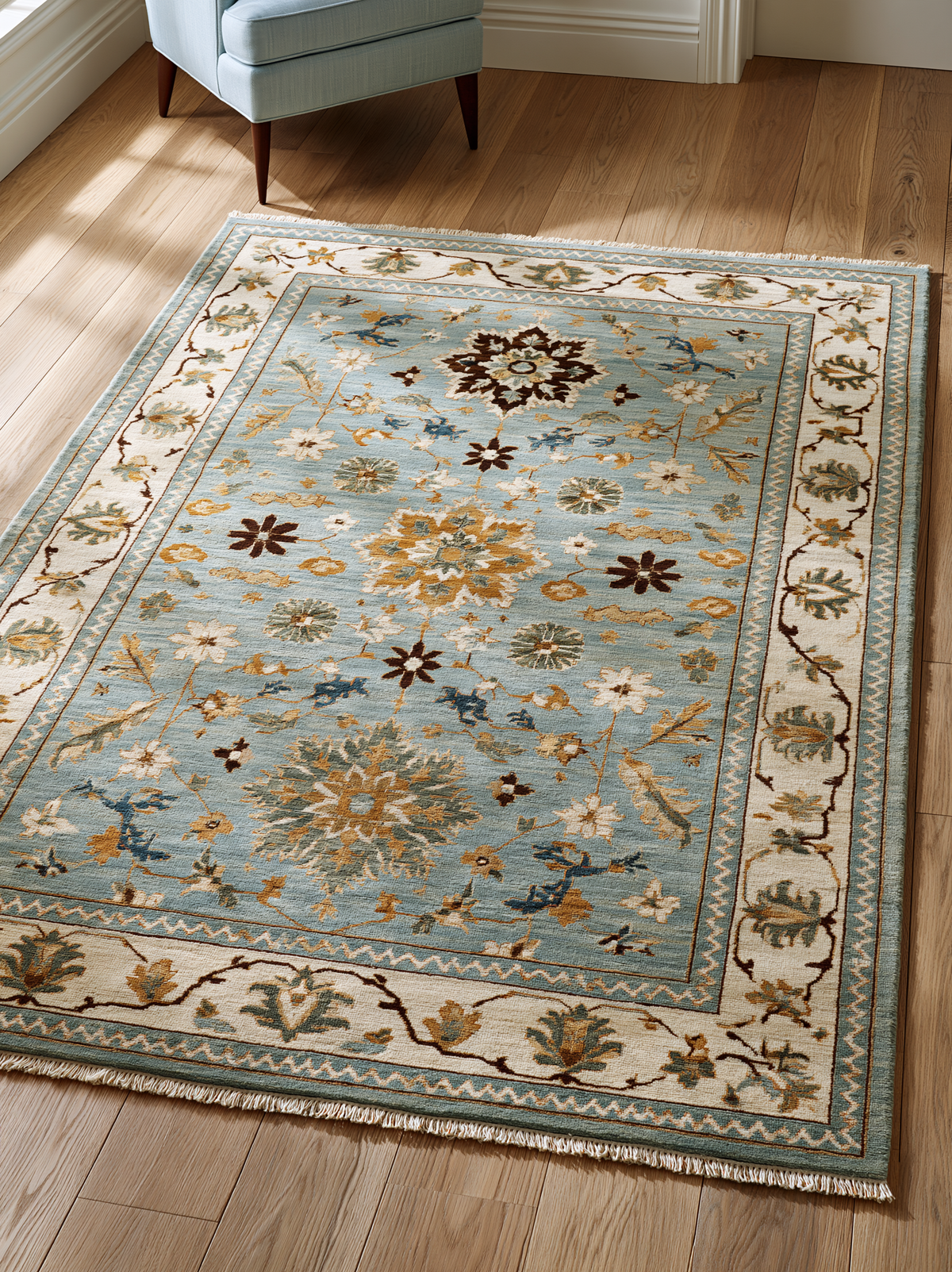 Blue Oushak Hand Knotted Wool Rug in muted blue and ivory, with a floral palmette pattern and fringed edges.
