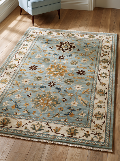Blue Oushak Hand Knotted Wool Rug in muted blue and ivory, with a floral palmette pattern and fringed edges.