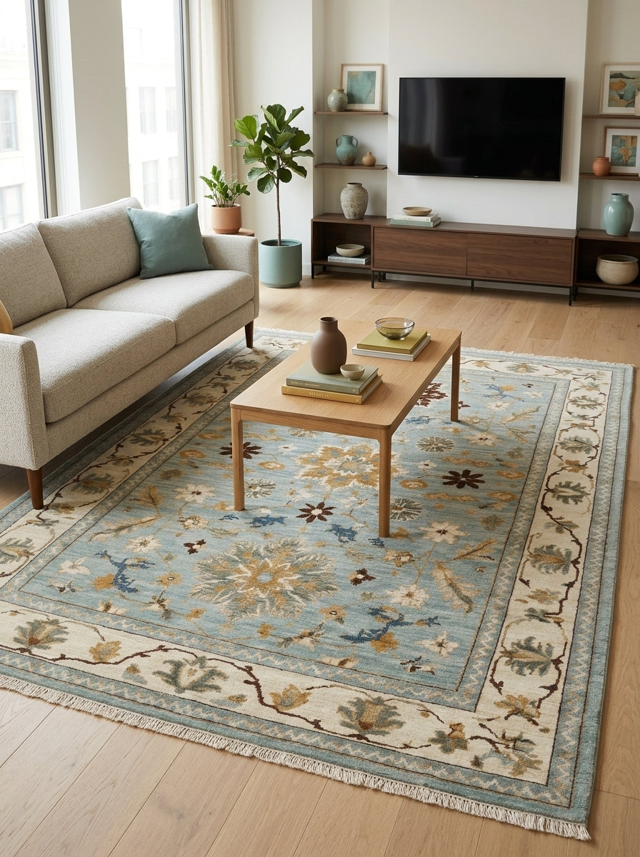 Blue Oushak Hand Knotted Wool Rug with a muted blue floral palmette field, ivory border, and tasseled fringe