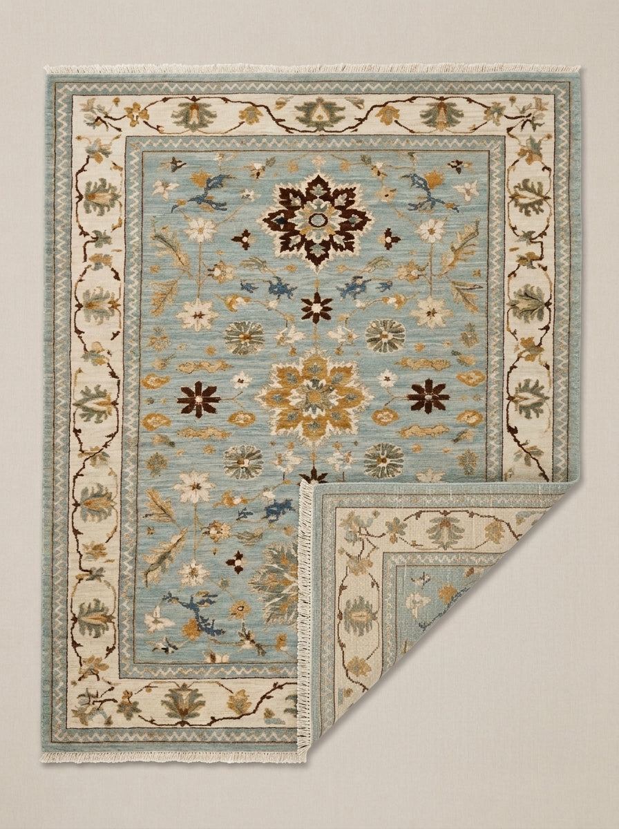 Blue Oushak Hand Knotted Wool Rug in muted blue and ivory, with floral palmettes and a turned corner showing its reverse.