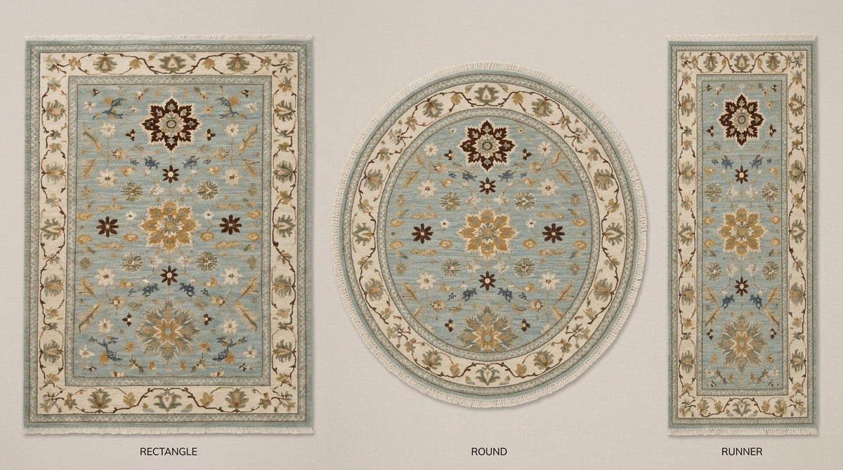Blue Oushak Hand Knotted Wool Rug in muted blue wool, with ivory floral borders and ornate palmette motifs; shown in three shapes.