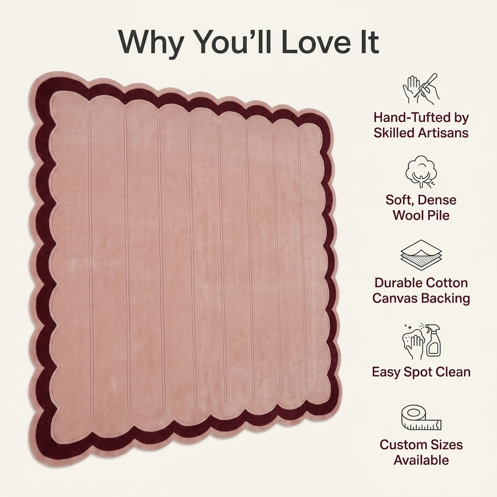 Blush Pink Fluted rug with a soft wool pile, carved vertical channels, and a deep burgundy scalloped border.