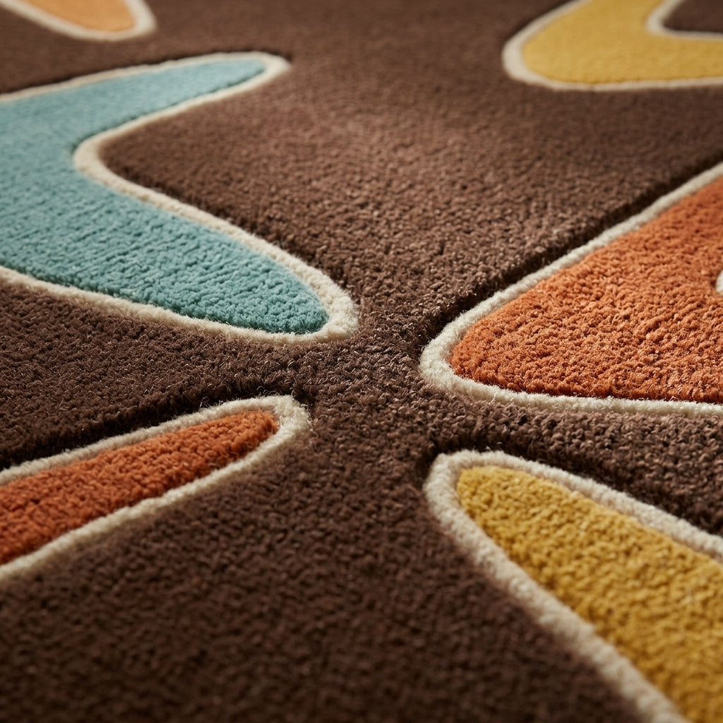 Boomerang Rug with a chocolate brown wool pile, colorful teal, rust and mustard shapes, and raised cream outlines